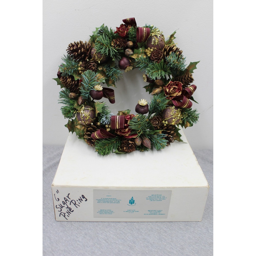 PartyLite Sugar Pine Ring 6" Green P074 Wreath Pinecone Ribbon Holiday Christmas